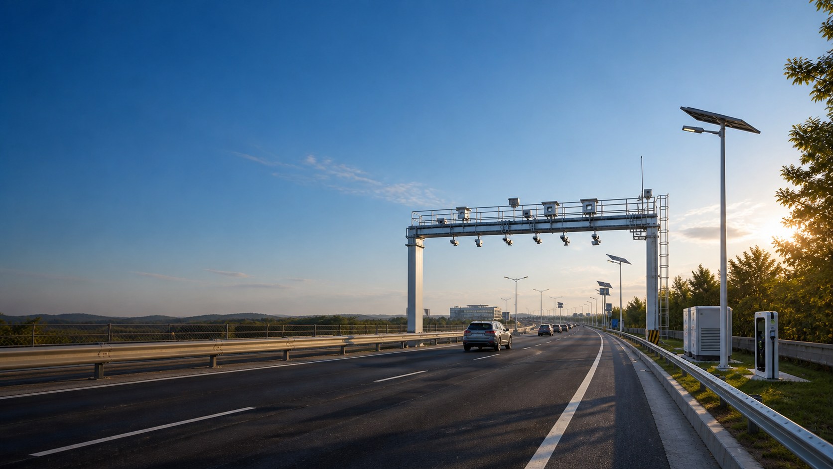 Autopista inteligente con pórtico ITS, sensores, iluminación solar y respaldo energético